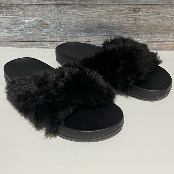 Pink Victoria’s Secret Black Fur Slides Sandals Slippers Size 7 / 8 - Picture 4 of 12